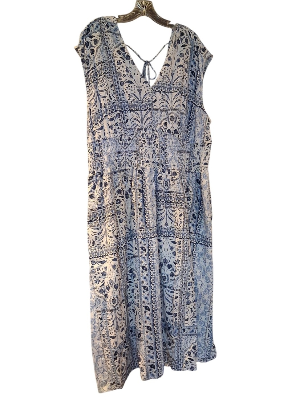 Old Navy Blue & White Printed Midi Dress with Tie Back